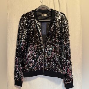 Anna-Kaci Allure Sequin Bomber Jacket - Black and Silver